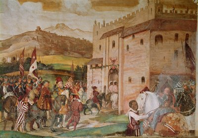 Reception of King Christian I of Denmark by the Condottiere, Bartolomeo Colleoni, at the Castle of Malpaga in 1474, 1520-30 by Girolamo Romanino